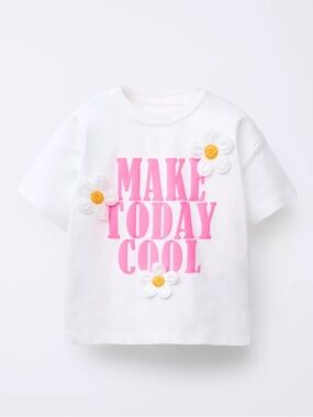 Zara White Tee with Hot Pink Slogan and Daisy Appliqués
